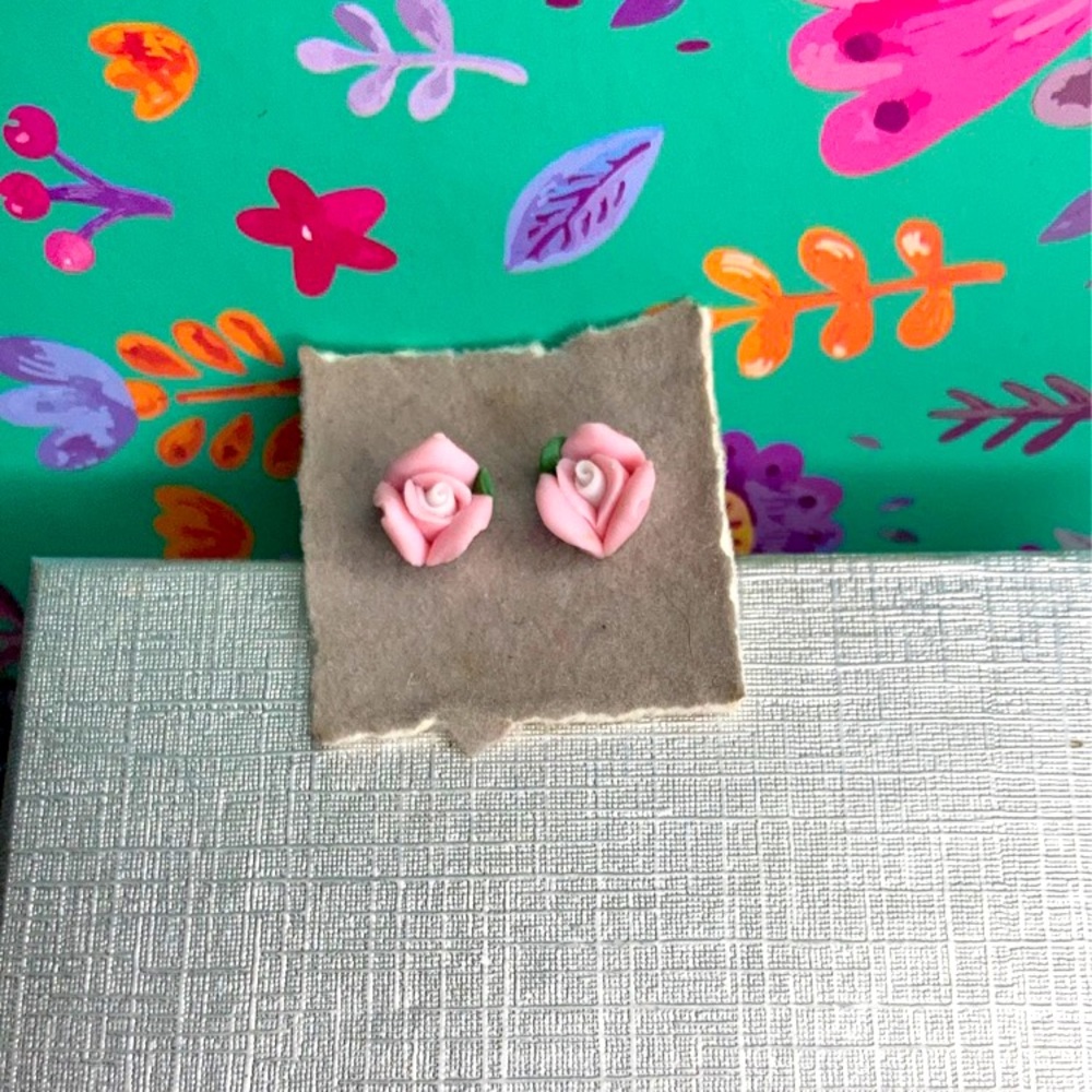 Handmade clay pink rose stud earrings